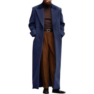Mens Navy Blue Full Length Trench Coat Double Breasted Classic Winter Overcoat